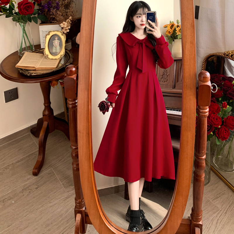 Plus size women's French age-reducing doll collar red dress women's spring and autumn Hepburn style toast dress long skirt