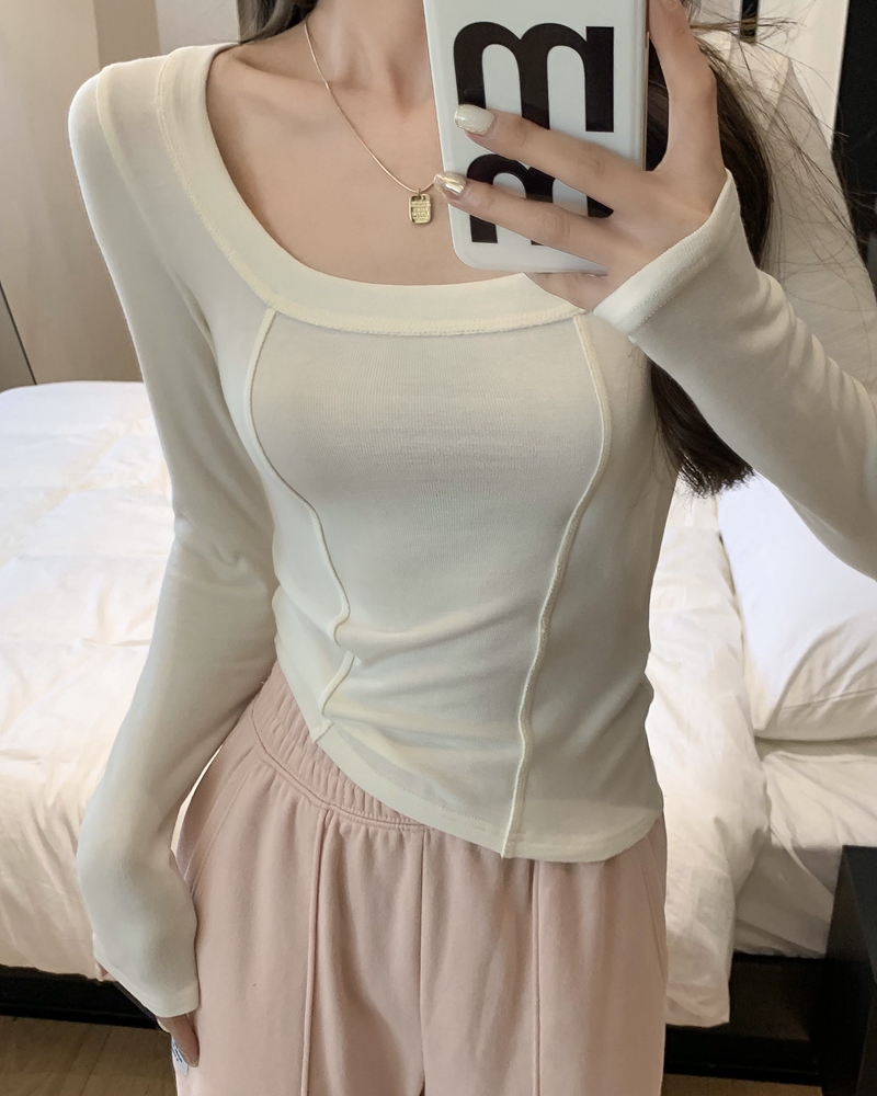 Actual shot of Mayabi Modal high-elastic slim inner layering shirt insU collar short long-sleeved T-shirt in autumn and winter