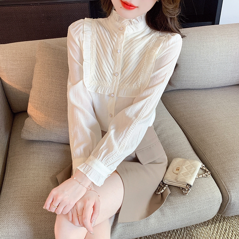 立領杏色雪紡襯衫春秋季2024新款女裝木耳花邊上衣輕熟法式小眾