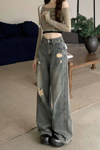Real time photo of irregular burr edge torn jeans in 2024, American retro high waisted straight leg wide leg pants, women's trend