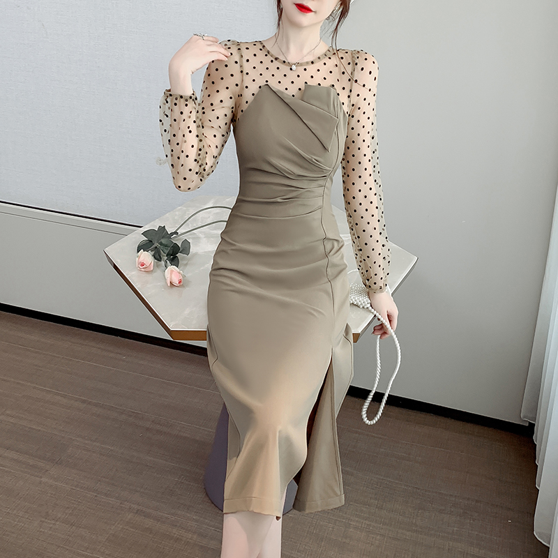Real shot 2024 spring new French splicing polka dot mesh skirt long-sleeved dress for women