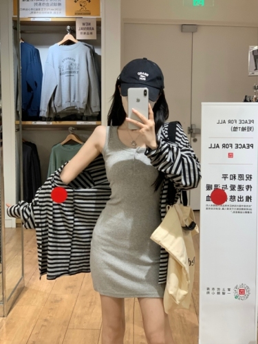 Plus size women's sweet and cool threaded button dress spring and autumn bottoming tank top hot girl gray square collar long and short group