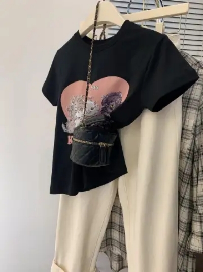 黑色美式復古印花t恤女夏季設計感小眾修身純棉短袖體恤短款上衣