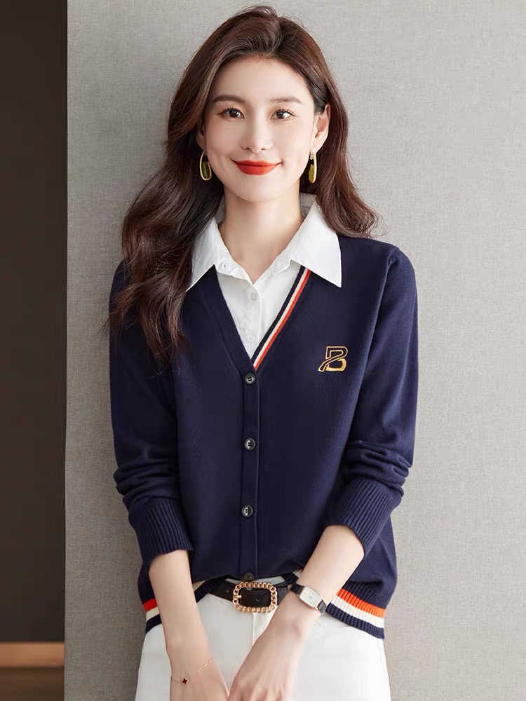 2024 early spring polo collar sweater women's tops autumn new fake two-piece fashionable wool bottoming shirt