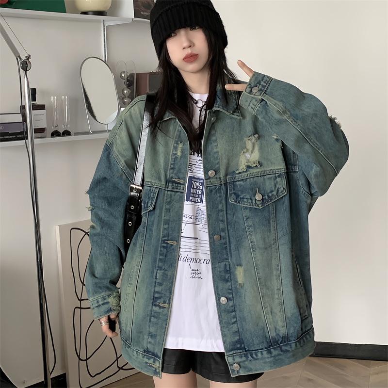 水洗藍色牛仔外套女2024春秋季新款破洞復古寬鬆休閒上衣夾克