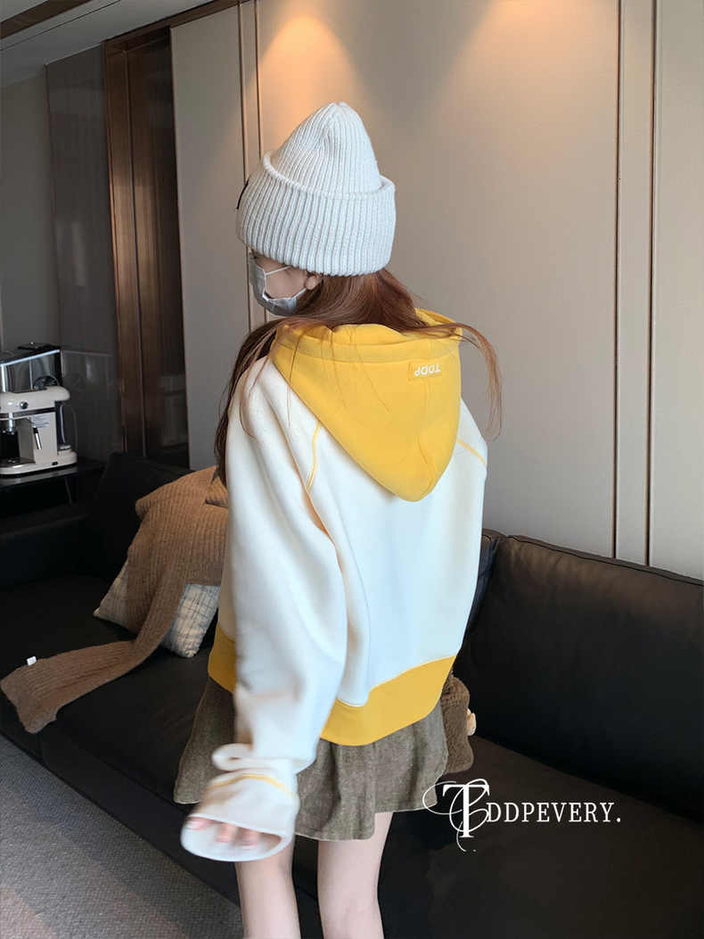 TDDP Design Contrast Color Hooded Sweatshirt Women's New Autumn and Winter Plus Velvet Thickened Loose Lazy Jacket