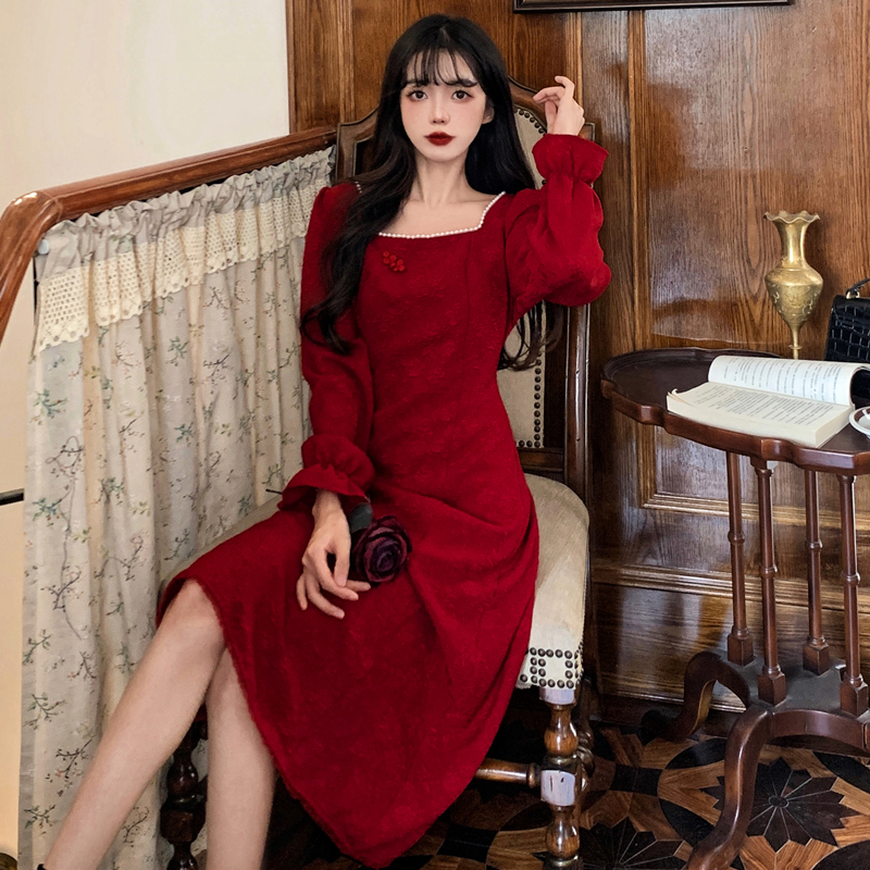 Spring and Autumn Plus Size Women's Improved Cheongsam Dress for Fat mm Retro French Style Waist Engagement Dress Long Skirt