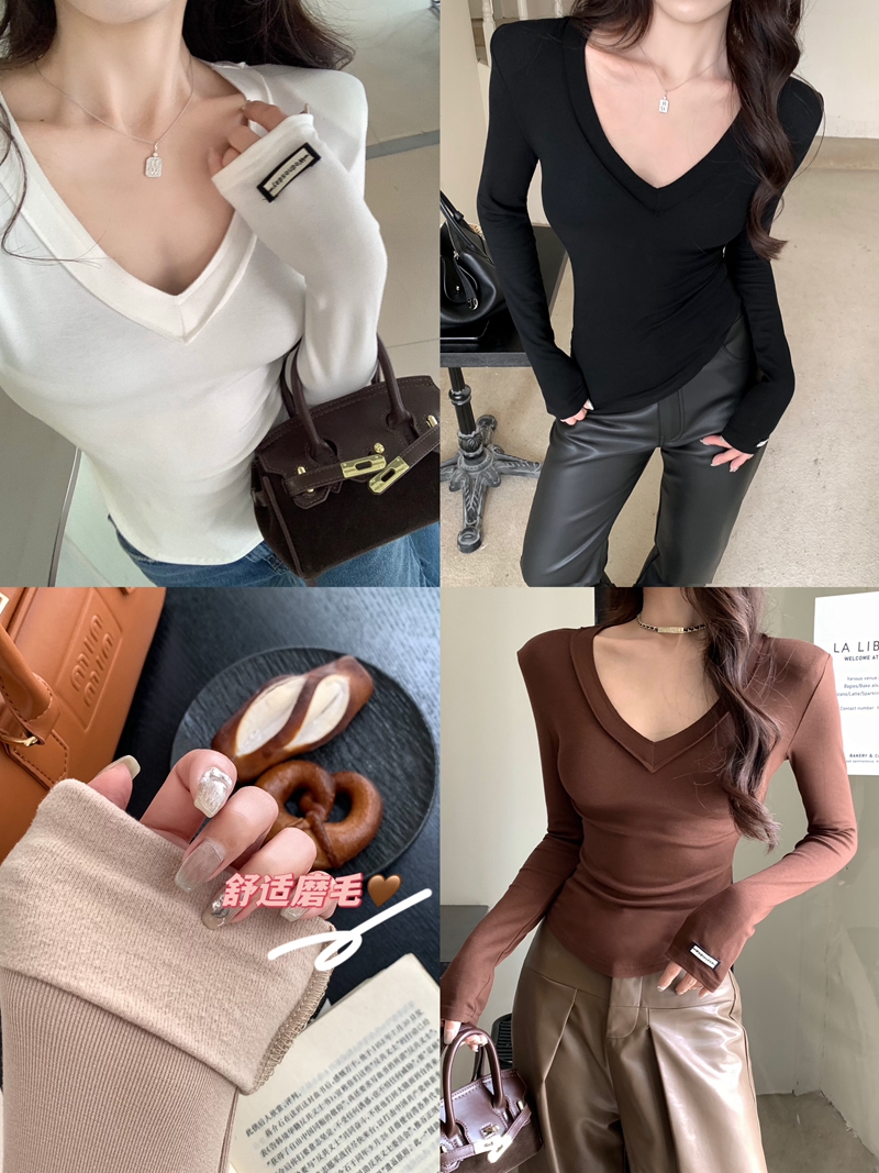 Actual shot of early spring sexy hottie style V-neck slim fit T-shirt with velvet lining and shoulder-padded bottoming shirt top