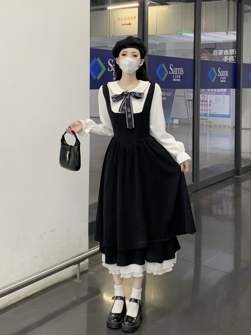 Plus size women's college style Korean style fake two piece dress women's spring and autumn waist Japanese style sweet doll collar little black dress
