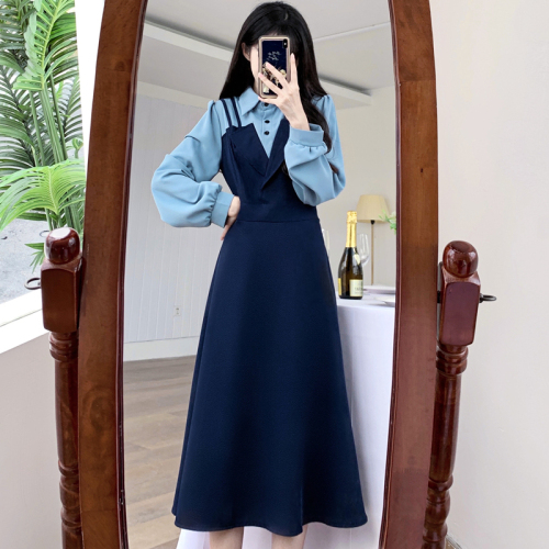 Plus size women's spring and autumn niche design Hepburn style French waist slimming splicing fake two-piece dress