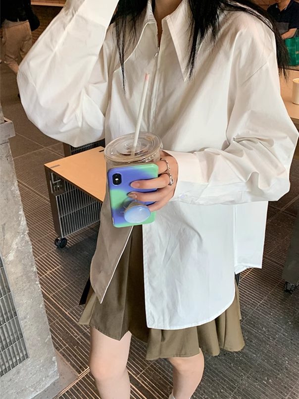 韓系寬鬆2024新款春秋設計感小眾雙拉鏈襯衫女