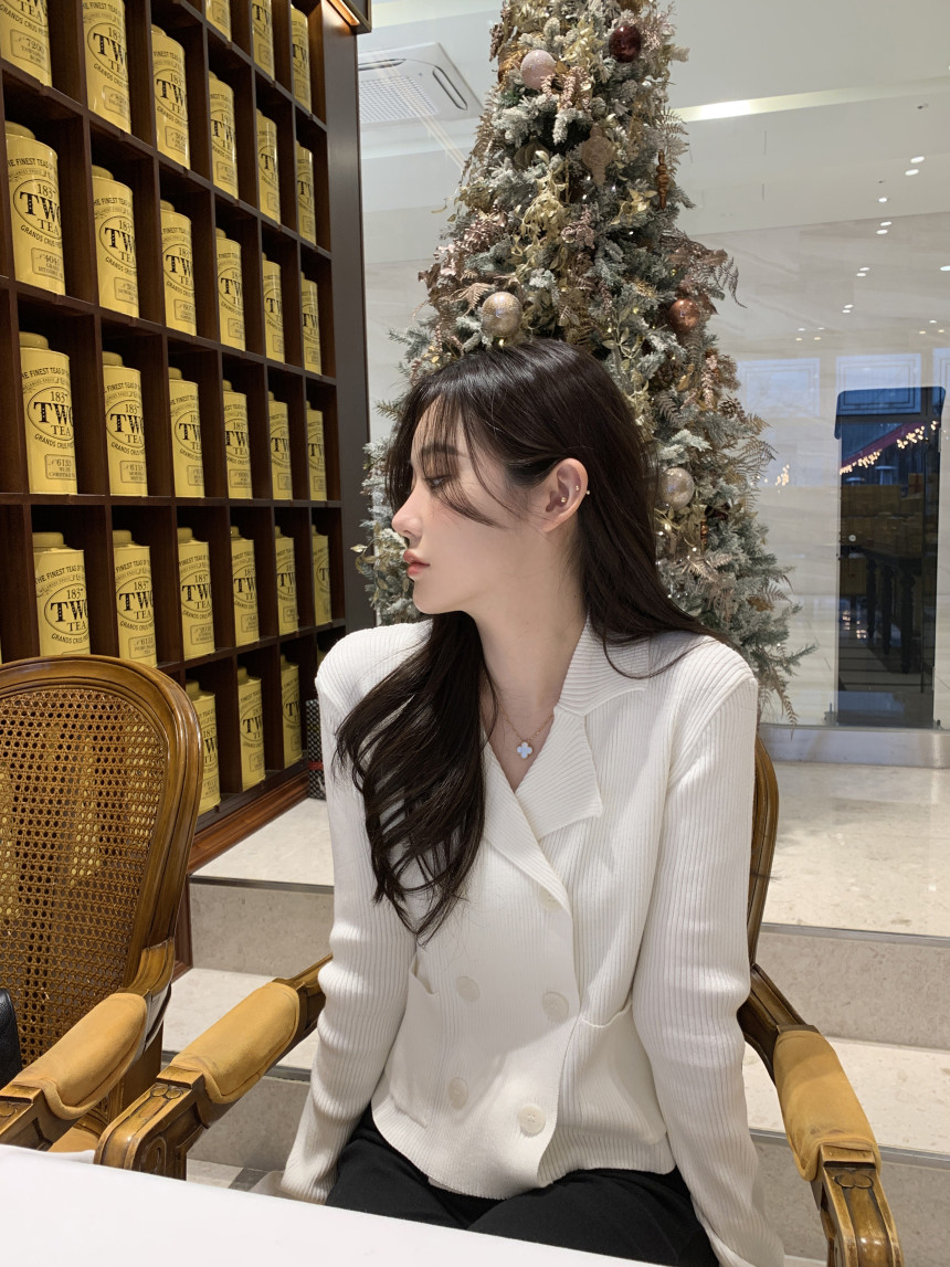 韓國chic春季新款復古簡約西裝領長袖針織衫女氣質顯瘦外套