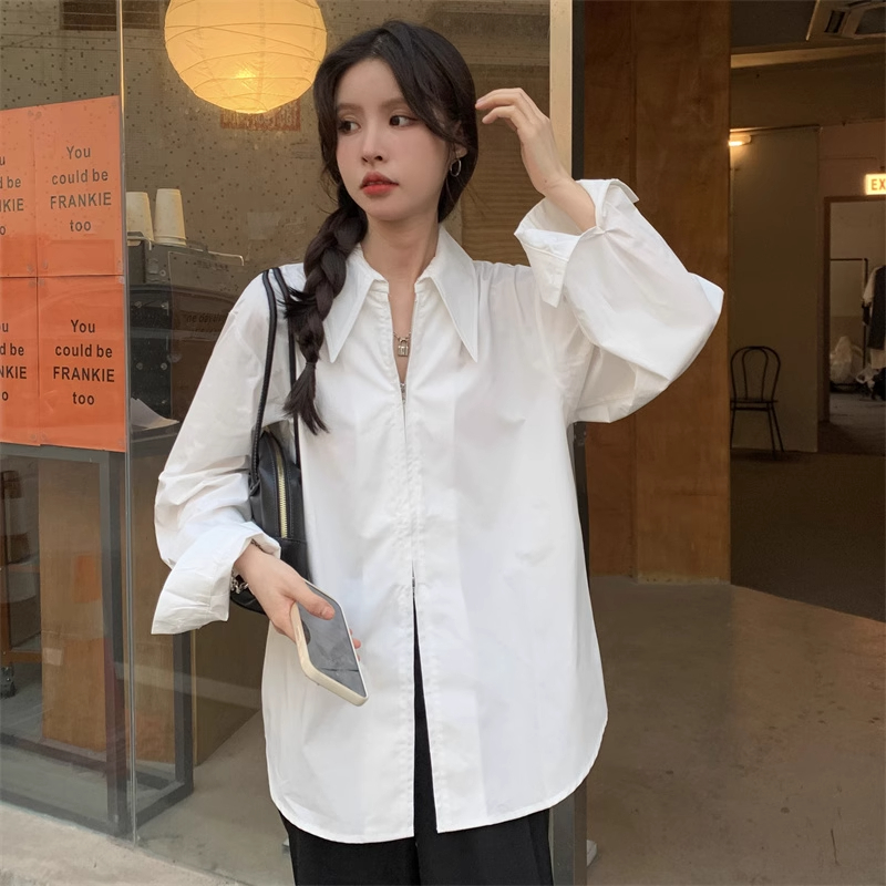 Real shot Korean loose 2024 new spring and autumn design niche double zipper shirt for women