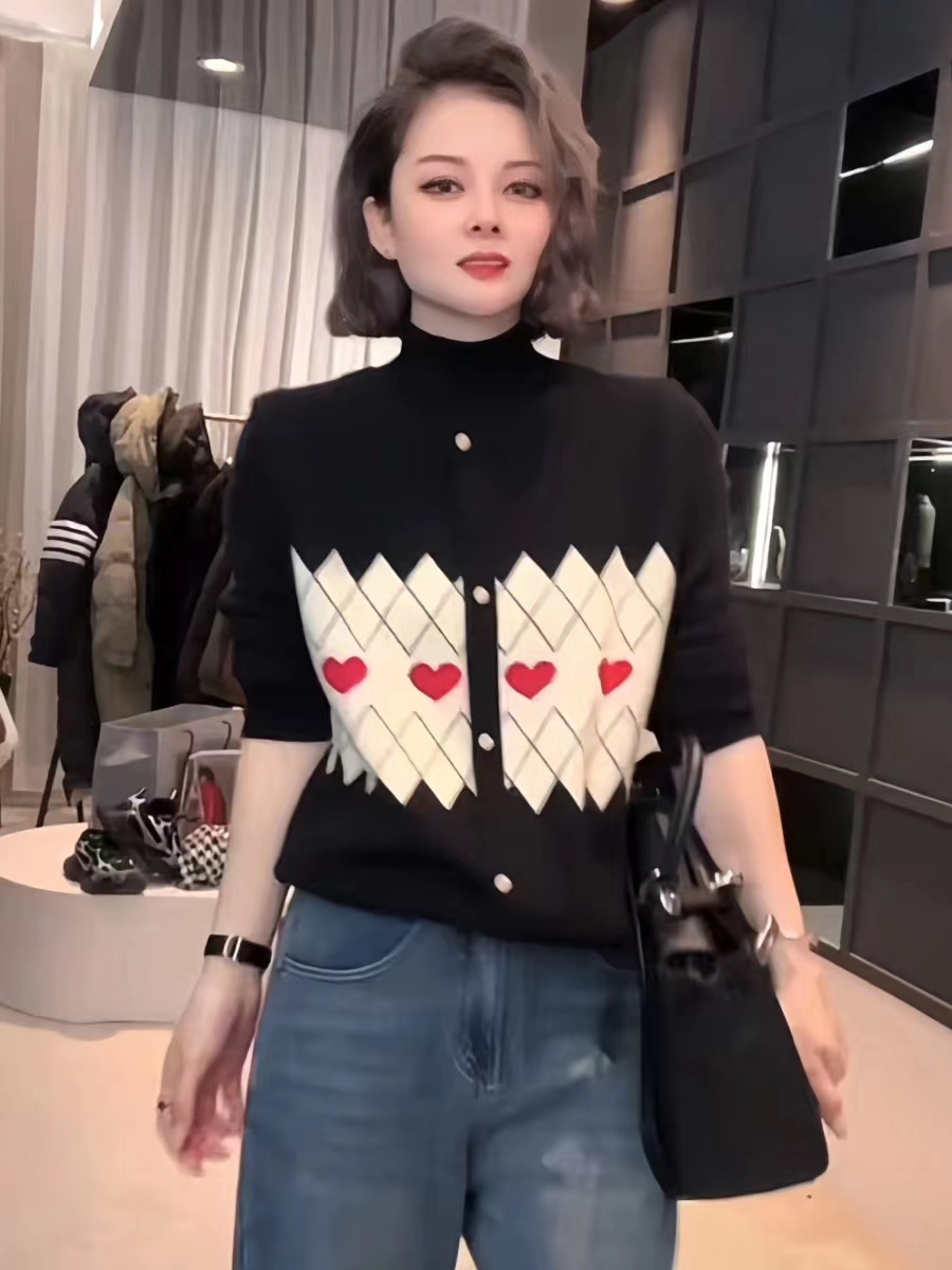 半高領套頭毛衣女冬季長袖時尚假兩件拼接復古撞色提花外穿針織衫