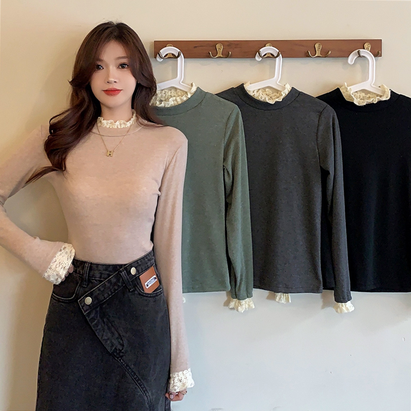 Real shot of the original woolen fleece bottoming shirt half turtleneck autumn and winter new long-sleeved T-shirt with lace inside