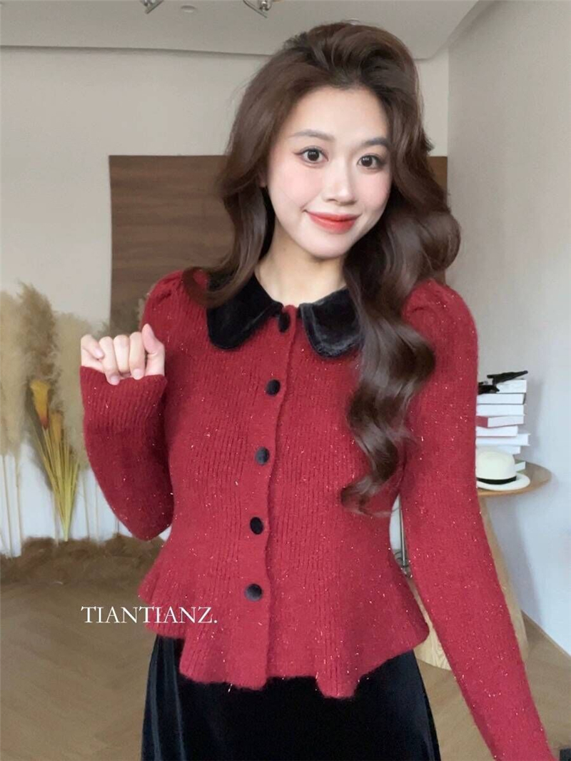 Red sweater women's new winter velvet Polo collar knitted cardigan short petite style long-sleeved top