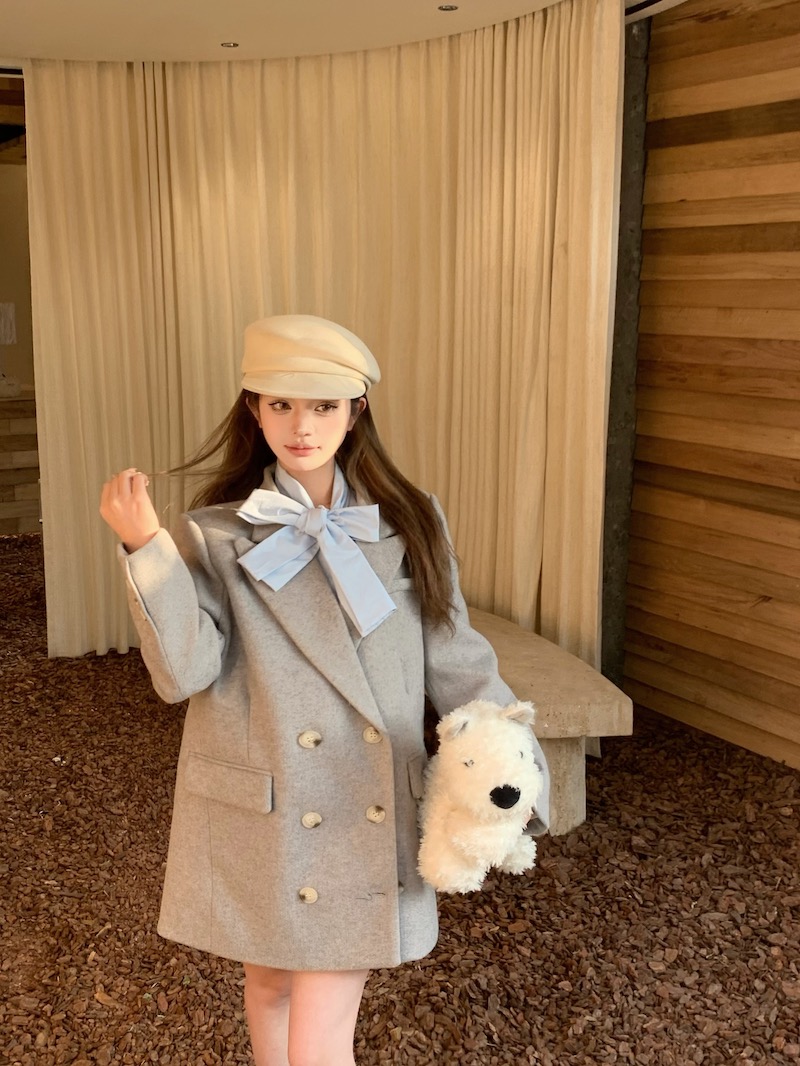 Real shot Korean style loose casual long-sleeved fake two-piece lace-up down warm woolen coat