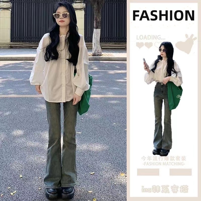 韓劇穿搭溫柔氣質一整套荷葉邊褶皺襯衫復古牛仔褲女神范兩件套裝