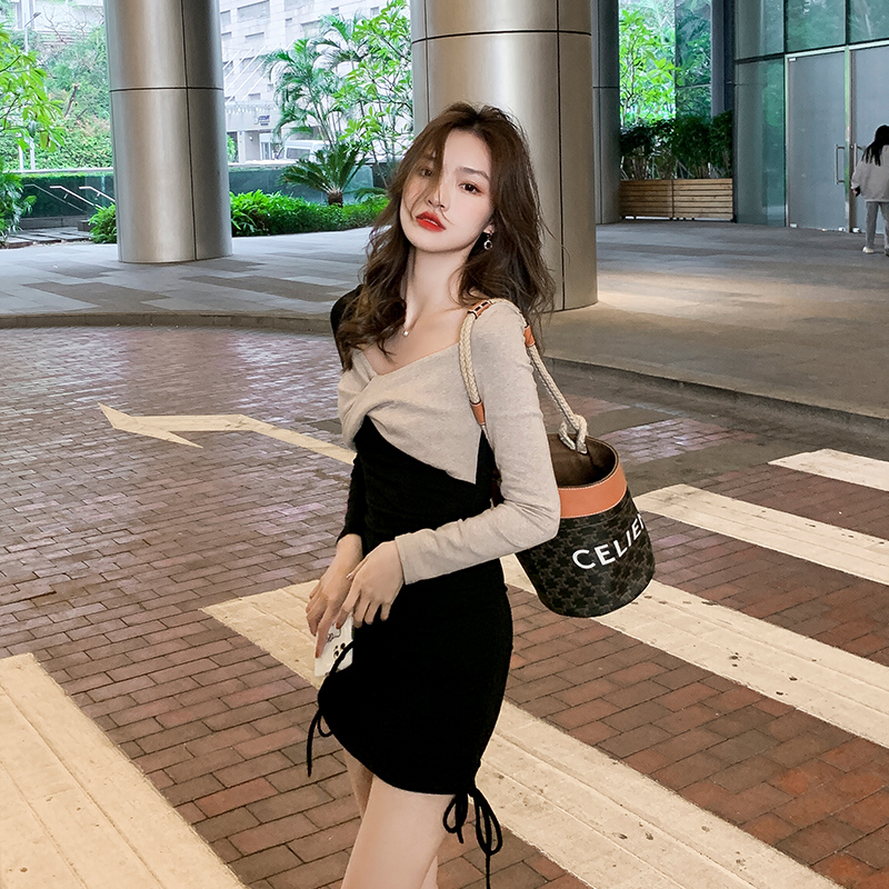 Actual shot of 2024 spring new style elegant square neck slimming skirt splicing dress for women