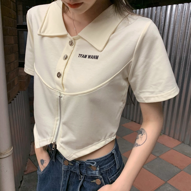 2024實拍夏季新款短袖襯衣女設計感小眾辣妹polo領T恤女