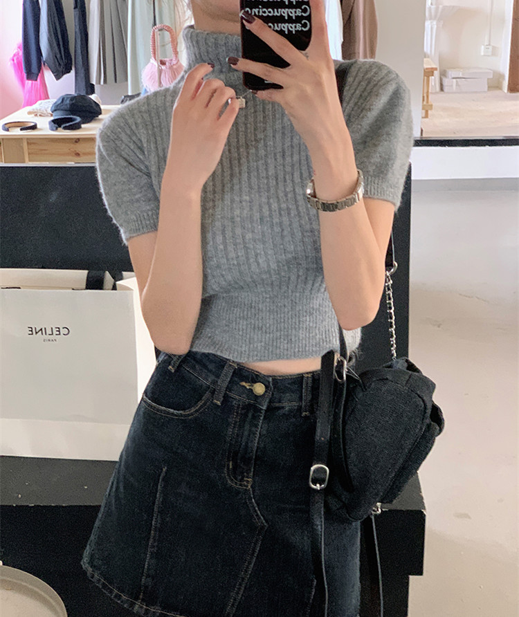 高領修身打底衫女春夏內搭短袖緊身高級感短款上衣