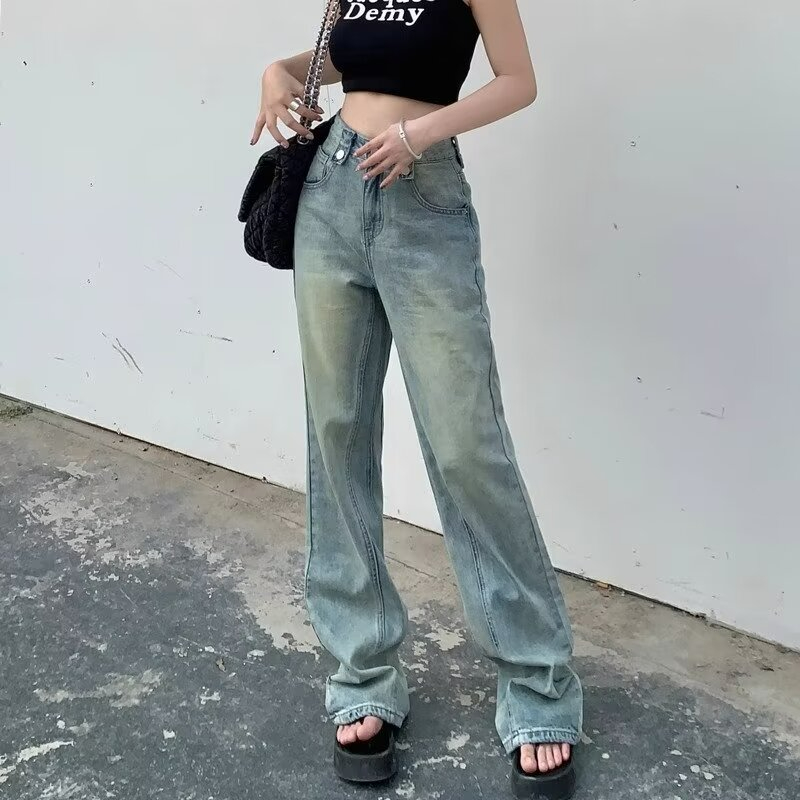 設計感小眾寬鬆大碼牛仔褲女2024年新款高腰小個子顯瘦直筒拖地褲