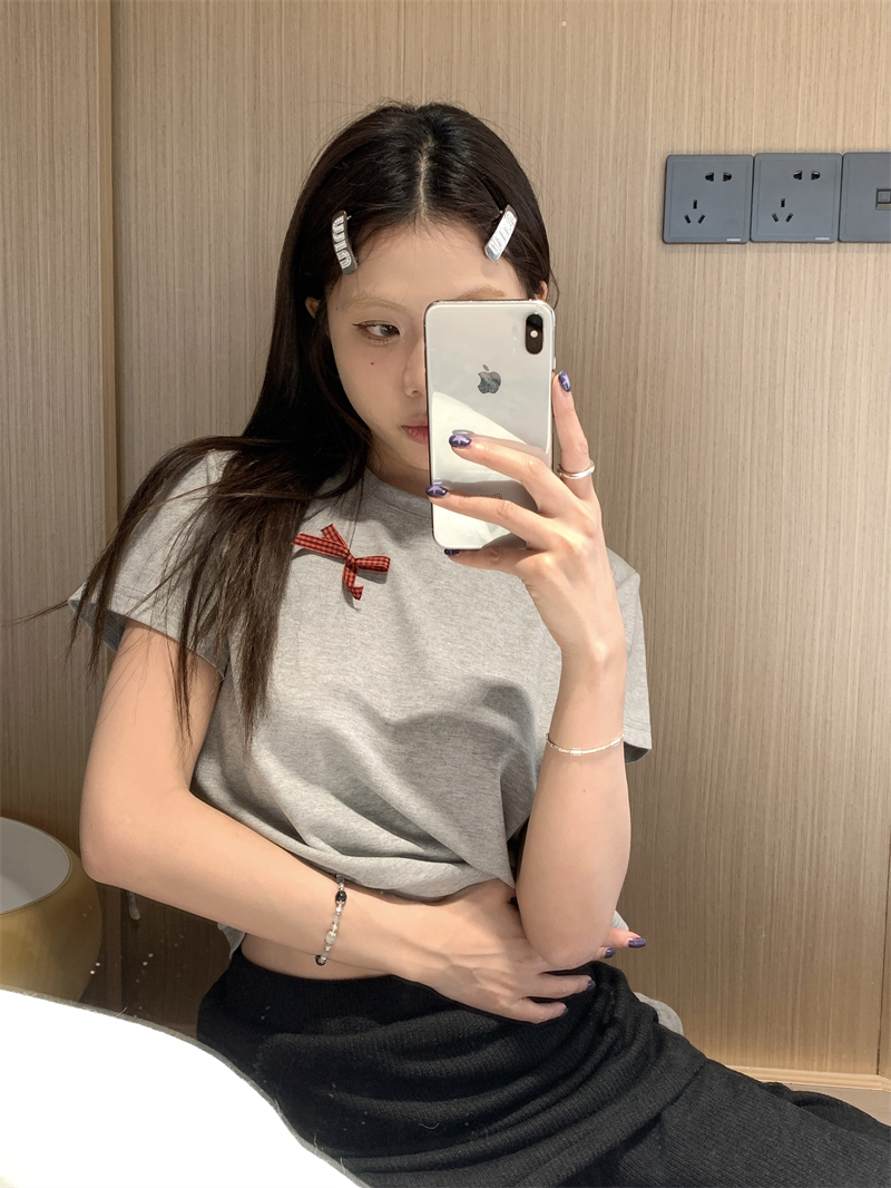 實拍 灰色短款蝴蝶結小心機設計感短袖T恤