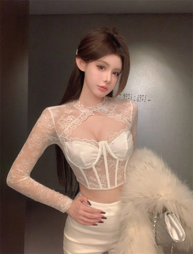 Real shot ~ hot girl sweet and cool style lace hollow fishbone slimming long-sleeved T-shirt sexy collarbone-revealing slim-fitting top
