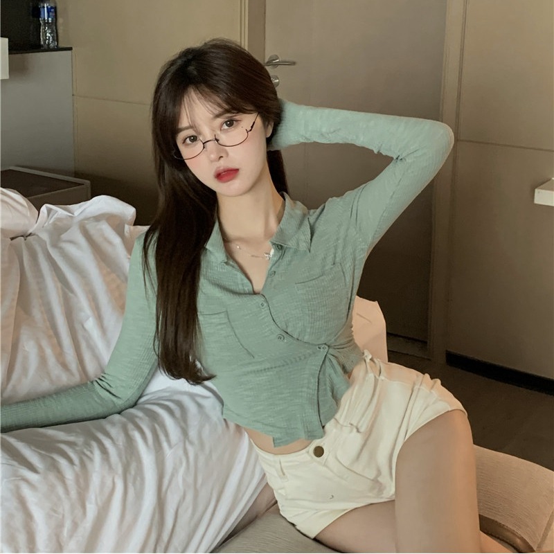 Spring new long-sleeved Polo collar cardigan T-shirt women's slim stretch pure desire inner layering shirt
