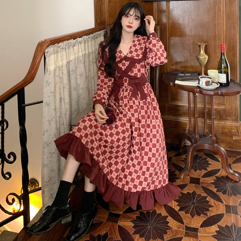 Plus size women's college style retro red plaid dress spring and autumn fat mm bow sweet high waist long skirt