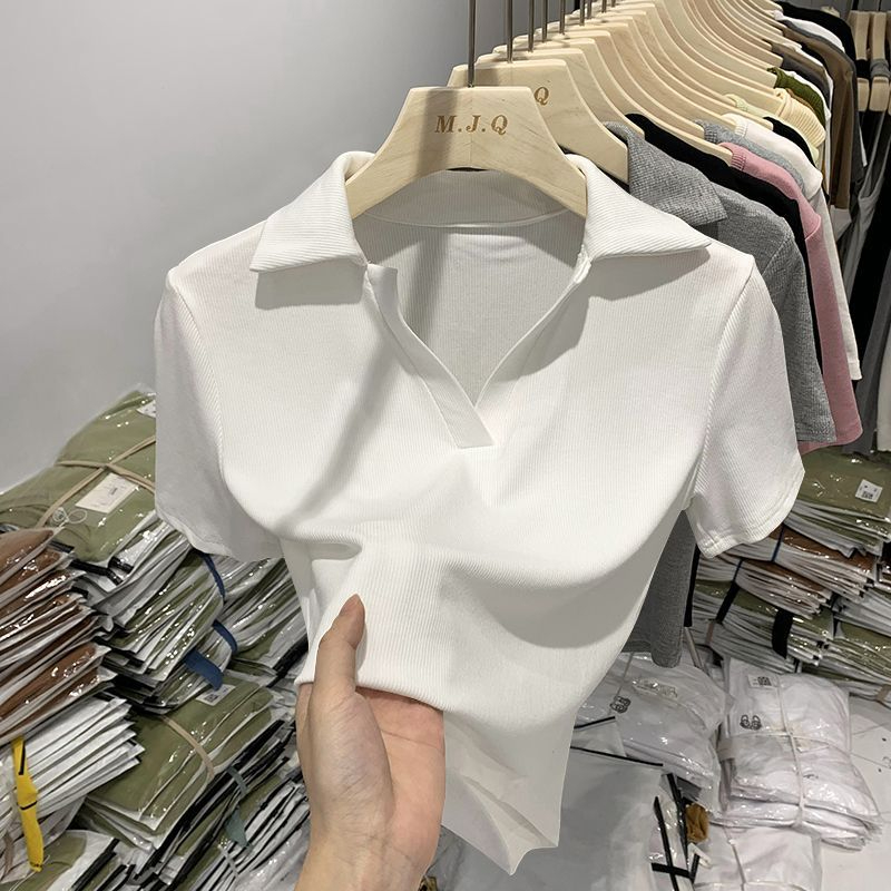 Modal ribbed cotton original polo collar short-sleeved T-shirt for women 2024 summer V-neck slim lapel large size top