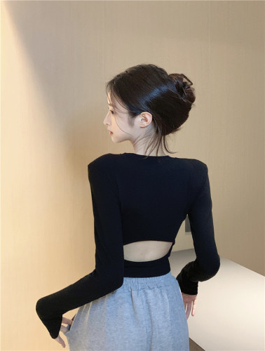 Actual shot~Spring style~hot girl hollow short backless T-shirt round neck top long-sleeved inner layering shirt