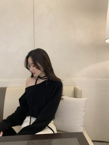 尺码更新韩国chic春季新款法式复古露肩系带长袖毛衣