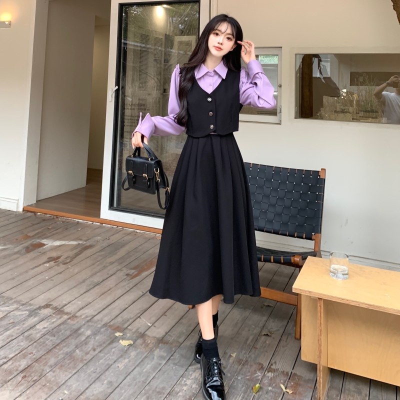 Plus size college style fake two-piece shirt collar long skirt retro dress spring and autumn French fat mm slimming skirt