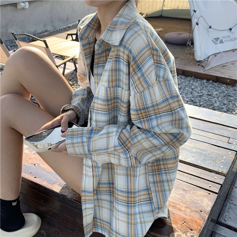 實拍 長袖格子襯衫薄款美式復古寬鬆防曬外套早秋洋氣上衣潮