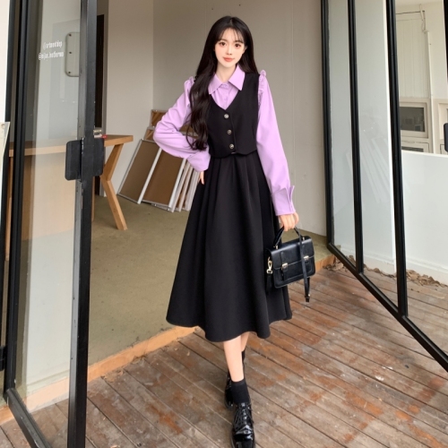 Plus size college style fake two-piece shirt collar long skirt retro dress spring and autumn French fat mm slimming skirt