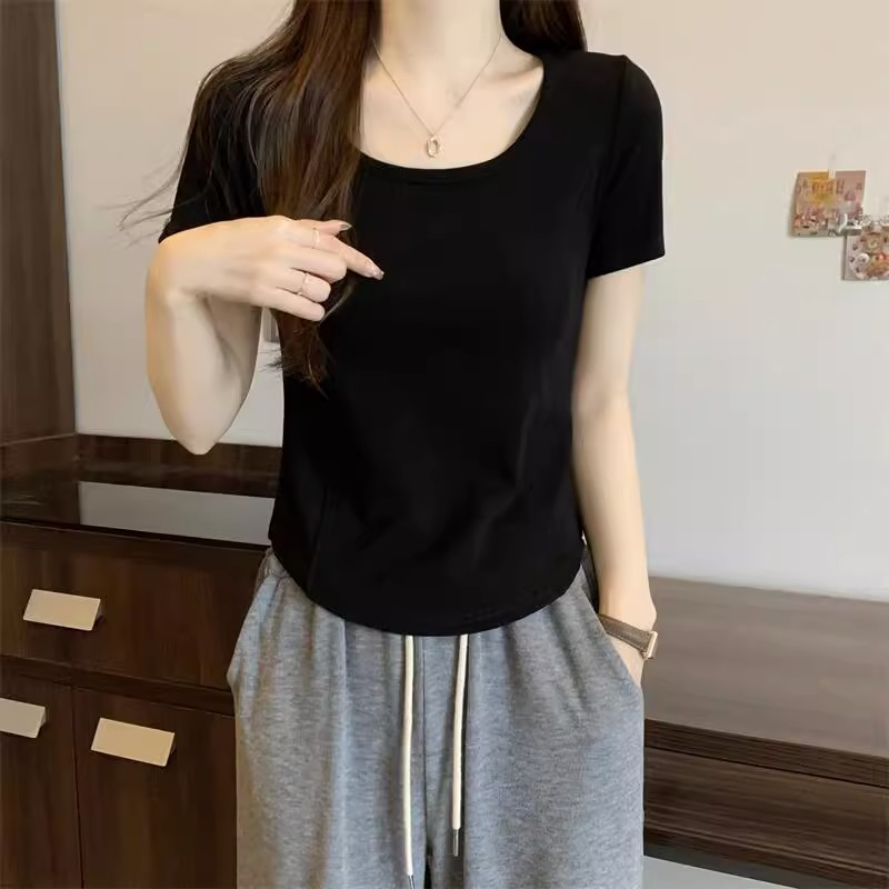 原版螺紋棉大碼女裝200斤夏季方領短袖t恤女拼接顯瘦洋氣上衣