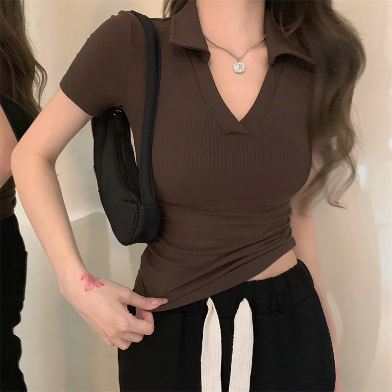 40 threaded cotton 260g polo collar short-sleeved T-shirt for women summer new temperament slim V-neck large size top