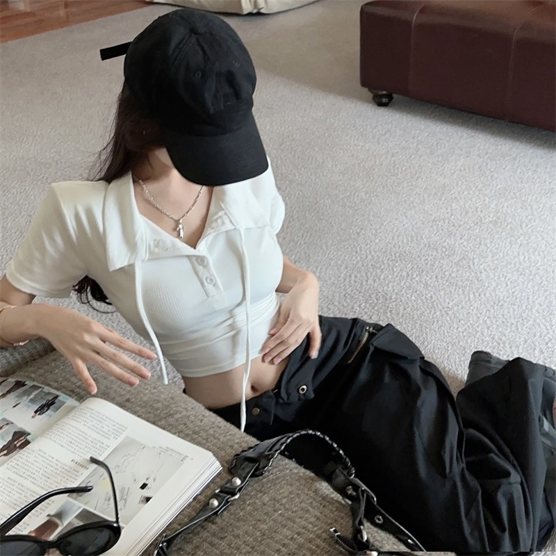 Real shot 2024 black and white polo collar pure desire T-shirt short sleeves versatile chic hot girl short sleeves