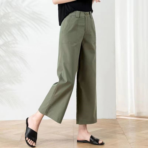 2024 spring and summer pure cotton nine-point pants high-waisted wide-leg pants new loose, breathable, comfortable, slimming casual pants for women