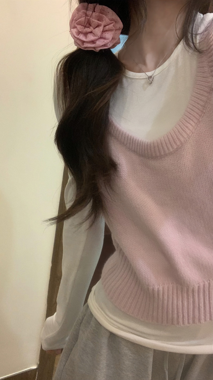 Real shot~Spring new product gentle pink waistcoat vest + solid color long-sleeved bottoming shirt T-shirt top