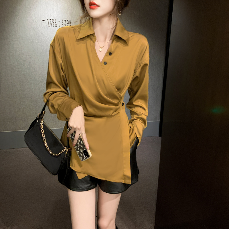 Real shot 2024 spring new women's French platycodon irregular shirt high quality satin long-sleeved shirt for women