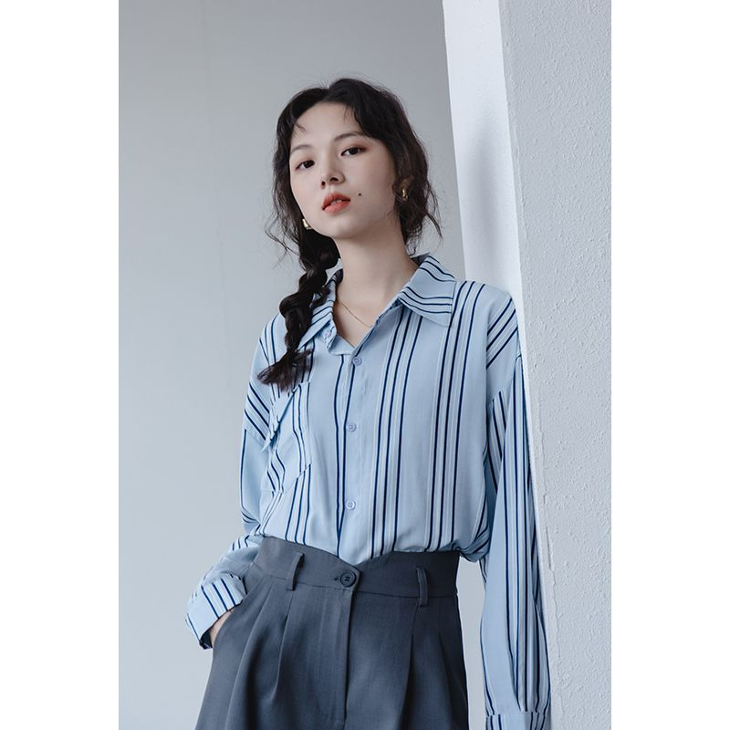Blue striped shirt for women 2024 early spring new design niche Korean style casual long-sleeved shirt