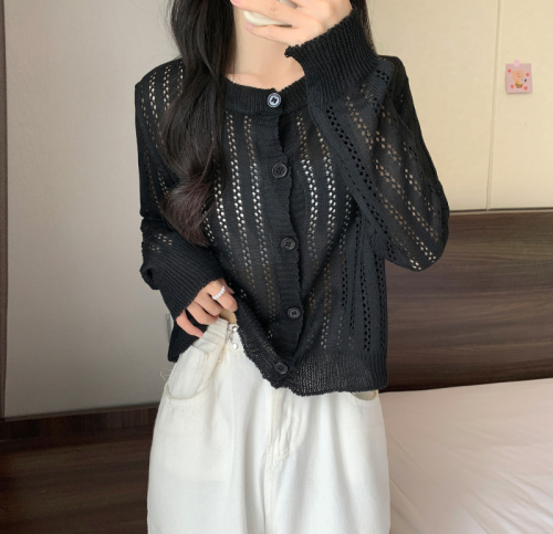 Real shot of knitted cardigan for women, thin hollow long-sleeved sun protection blouse, air-conditioning shirt top with small fragrance