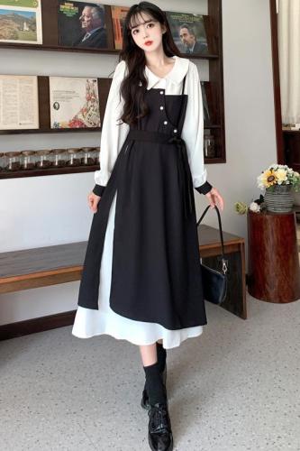 Plus size women's French niche design dress spring and autumn fat mm irregular temperament Hepburn style A-line long skirt