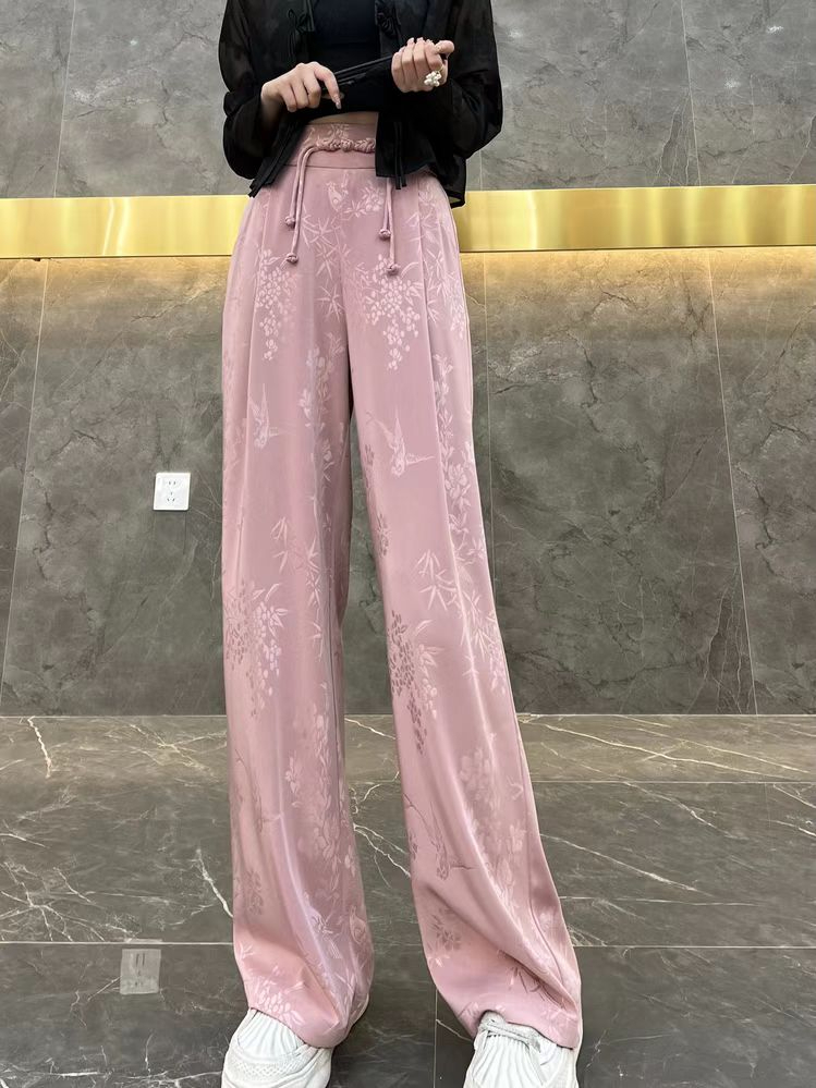 New Chinese style retro printed trousers national style fashionable Tang buckle drape wide leg trousers 2024 summer new style