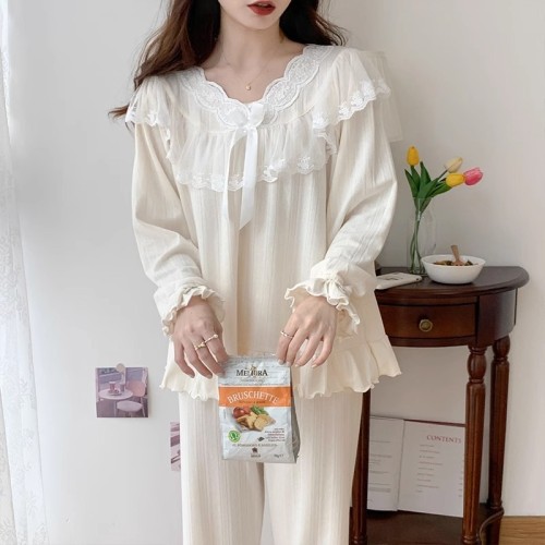 Simple pajamas women's lace solid color long-sleeved trousers 2024 spring and autumn new high-end home wear official picture