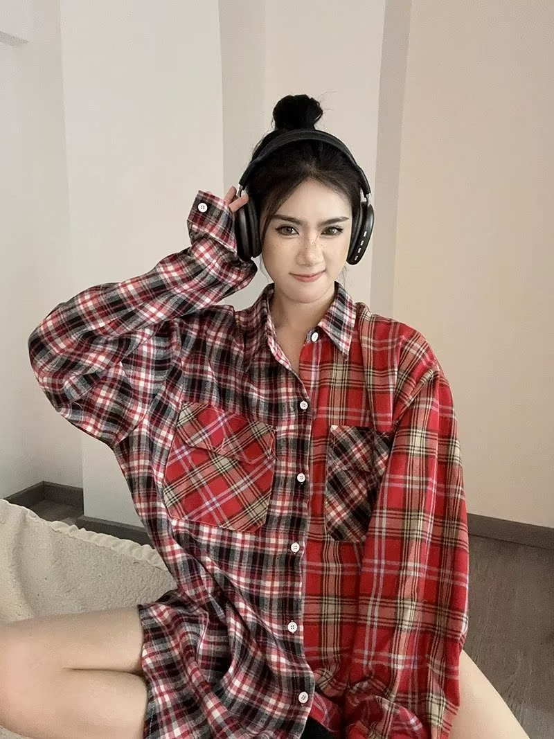 國潮***美式寬鬆復古拼接格子襯衫長袖休閒外套男女