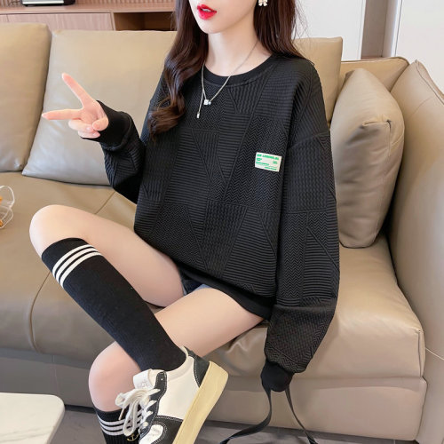 Real shot of jacquard plus size women's spring and autumn thin long-sleeved sweatshirt for women Korean style loose slimming top internet celebrity