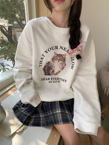 Actual shot of early spring Korean chic simple cat print sweatshirt + plaid skirt